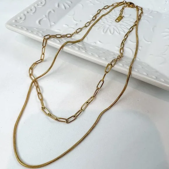 Double Layered 18k Gold Plated Necklace Chain Choker Layered Necklace Gold - Picture 8 of 10